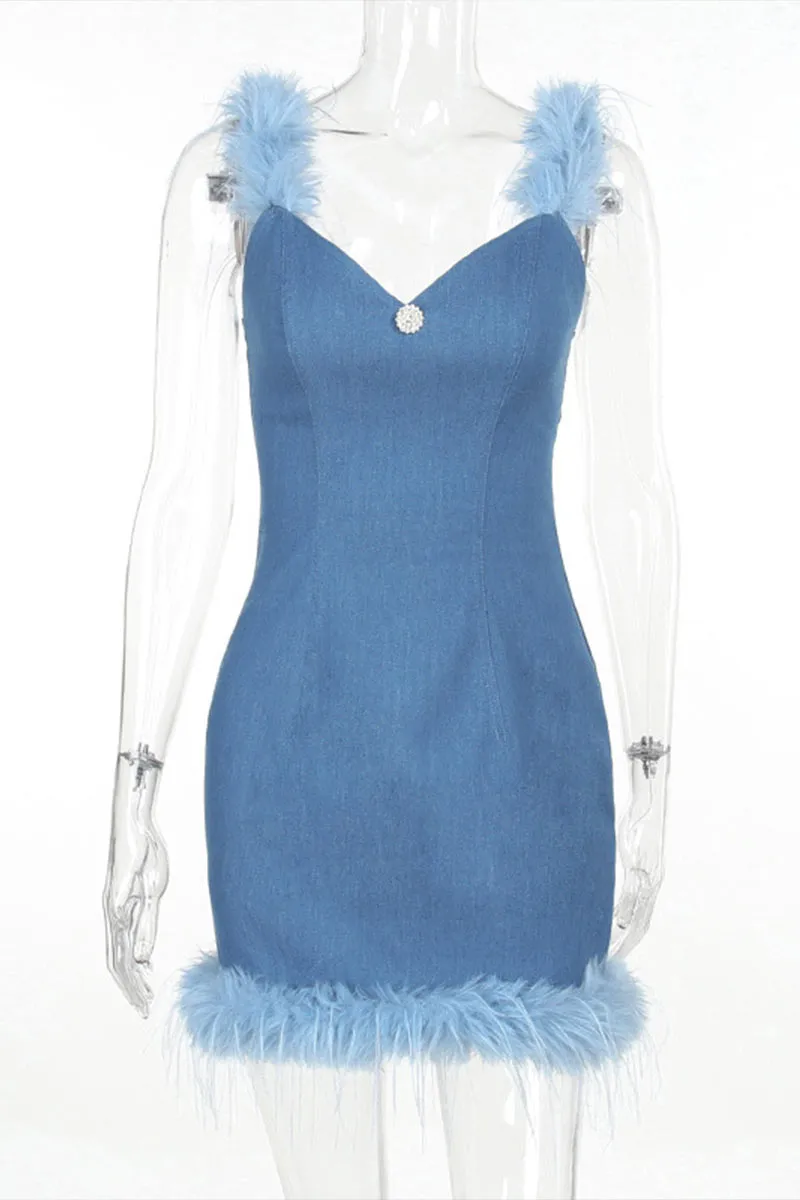 BH627 Faux Fur Plunging Denim Mini Dress