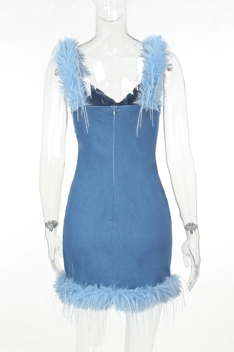 BH627 Faux Fur Plunging Denim Mini Dress