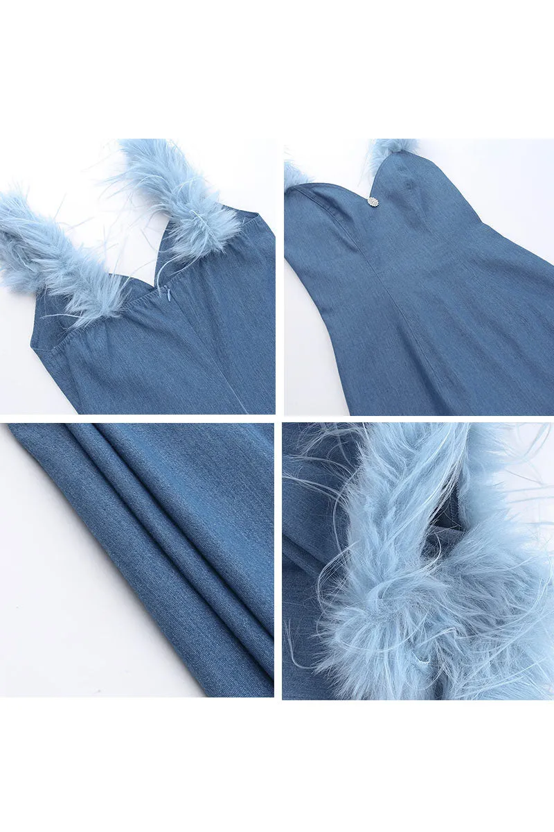 BH627 Faux Fur Plunging Denim Mini Dress