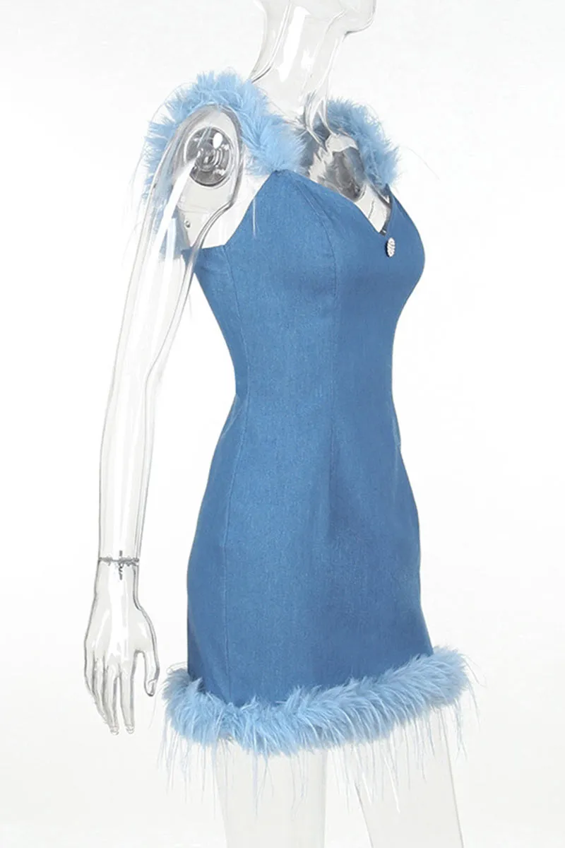 BH627 Faux Fur Plunging Denim Mini Dress