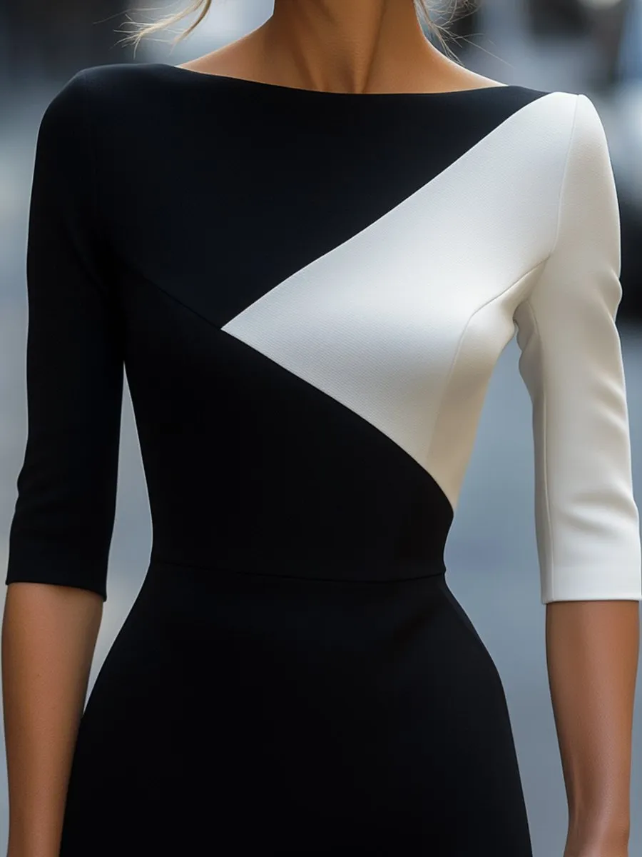 Black and White Colorblock Midi Dress