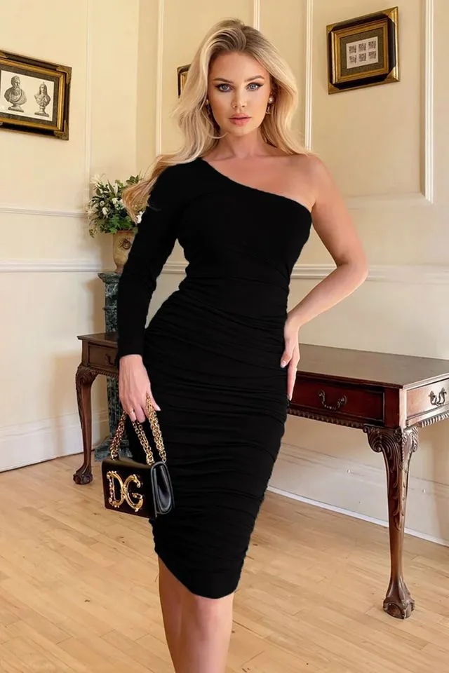 Black One Shoulder Full Sleeve Bodycon