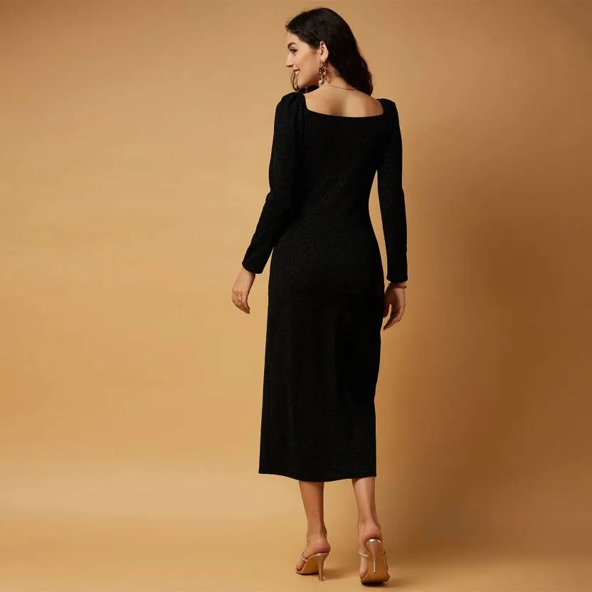 Black Solid Full Sleeves Bodycon Dress