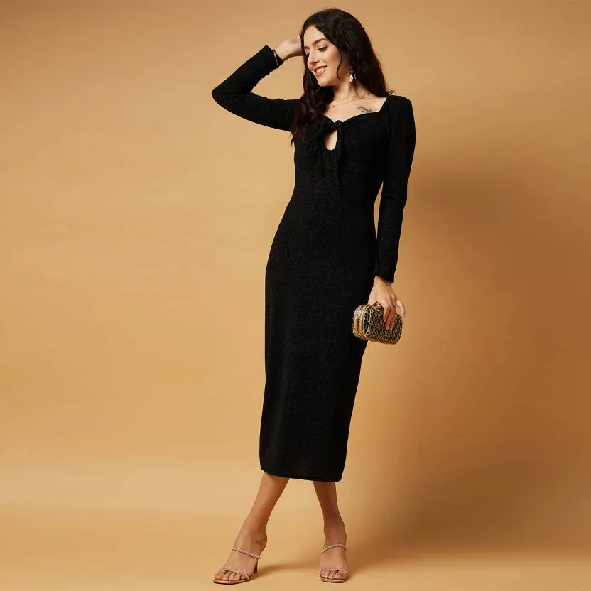 Black Solid Full Sleeves Bodycon Dress