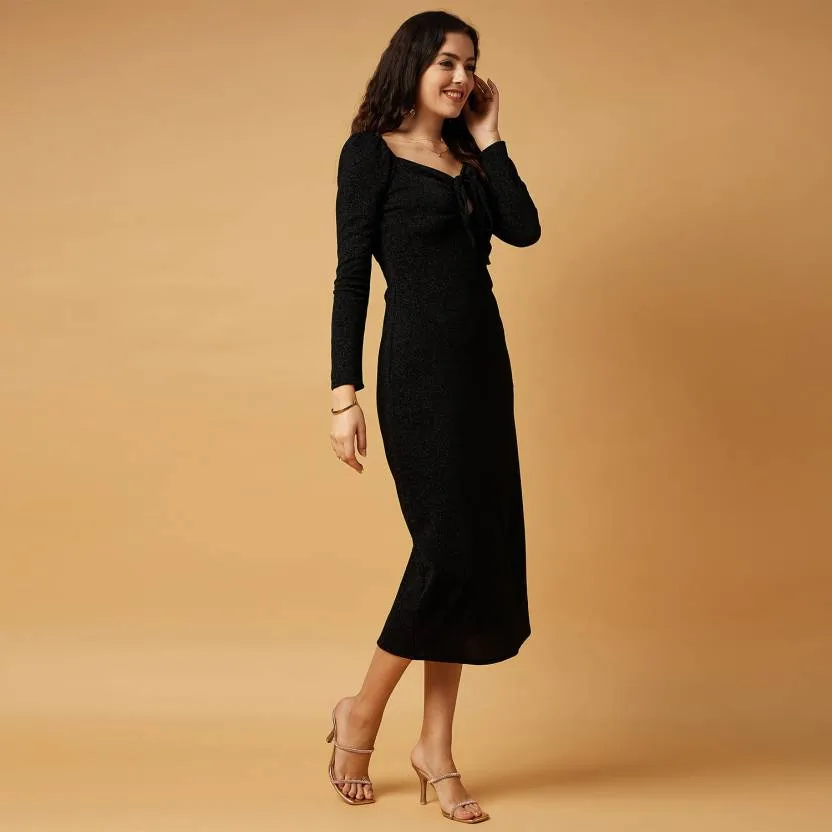 Black Solid Full Sleeves Bodycon Dress