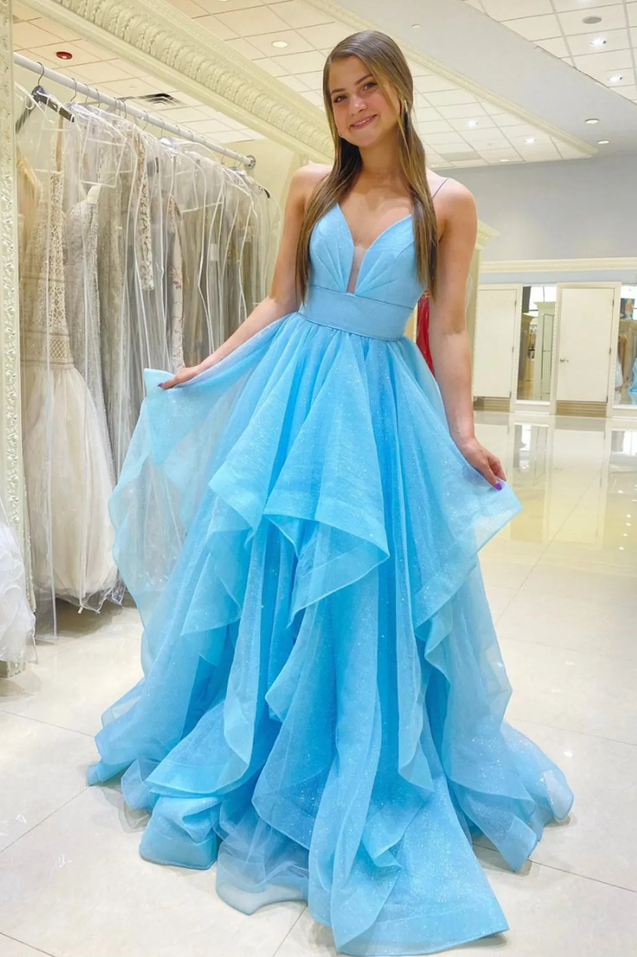 Blue Spaghetti Strap Tulle Long Prom Dress