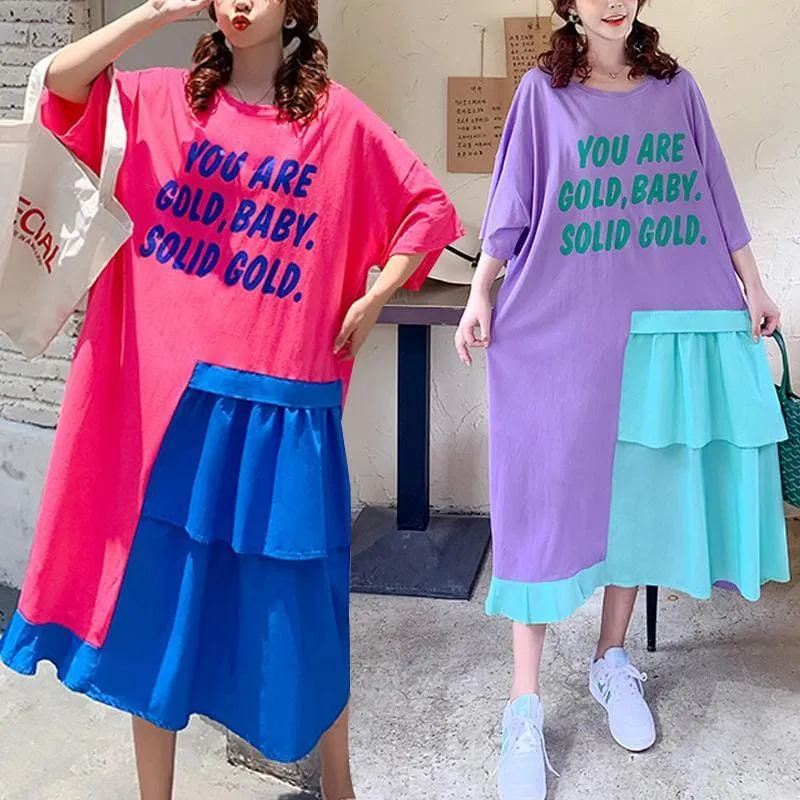 Bohemian purple Letter quilting clothes o neck patchwork loose Dresses