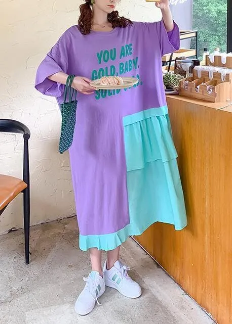 Bohemian purple Letter quilting clothes o neck patchwork loose Dresses
