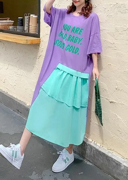 Bohemian purple Letter quilting clothes o neck patchwork loose Dresses