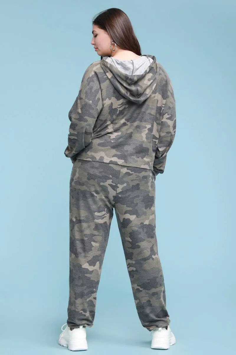 Boxy Camo Print Sweatshirt Hoodie, Plus