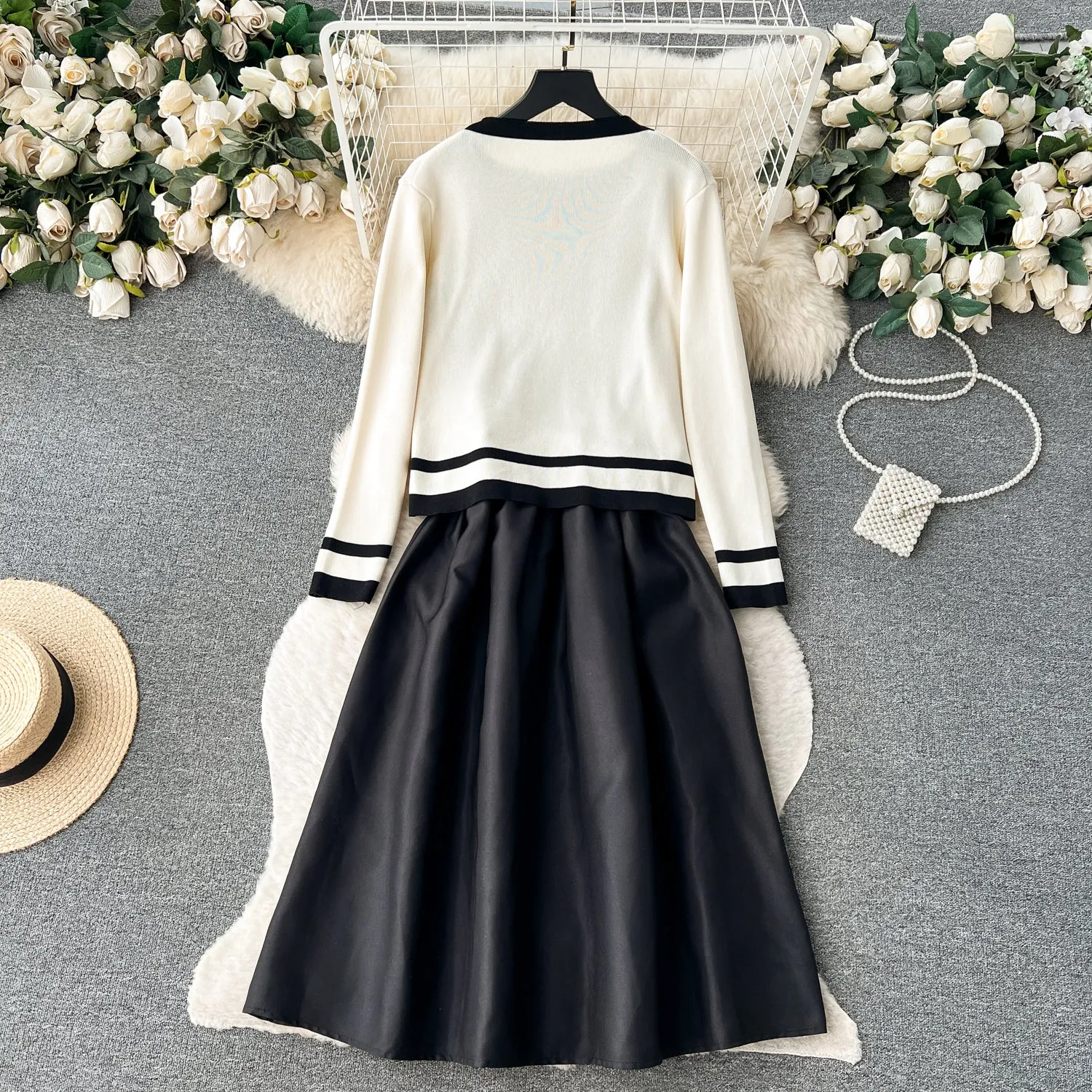 Cardigan&Slip Dress Color Blocking 2Pcs