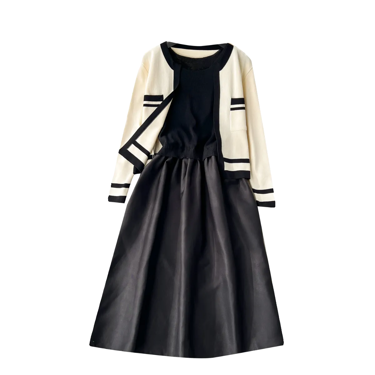 Cardigan&Slip Dress Color Blocking 2Pcs