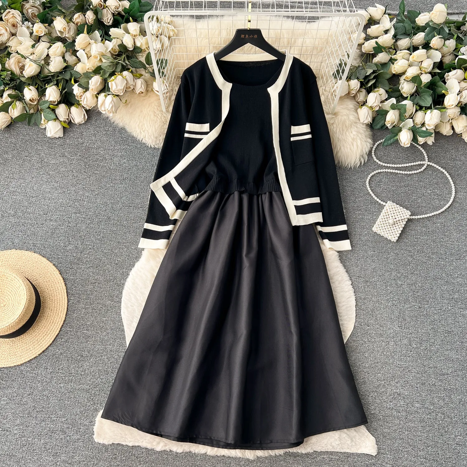 Cardigan&Slip Dress Color Blocking 2Pcs