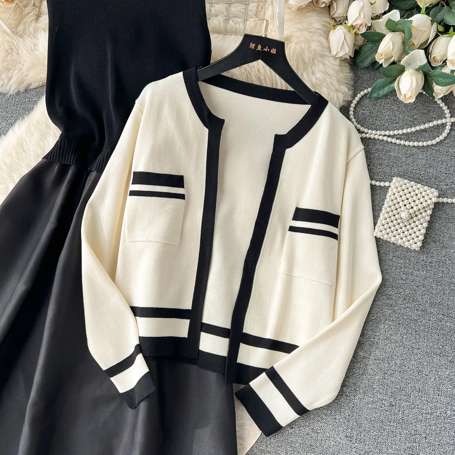 Cardigan&Slip Dress Color Blocking 2Pcs