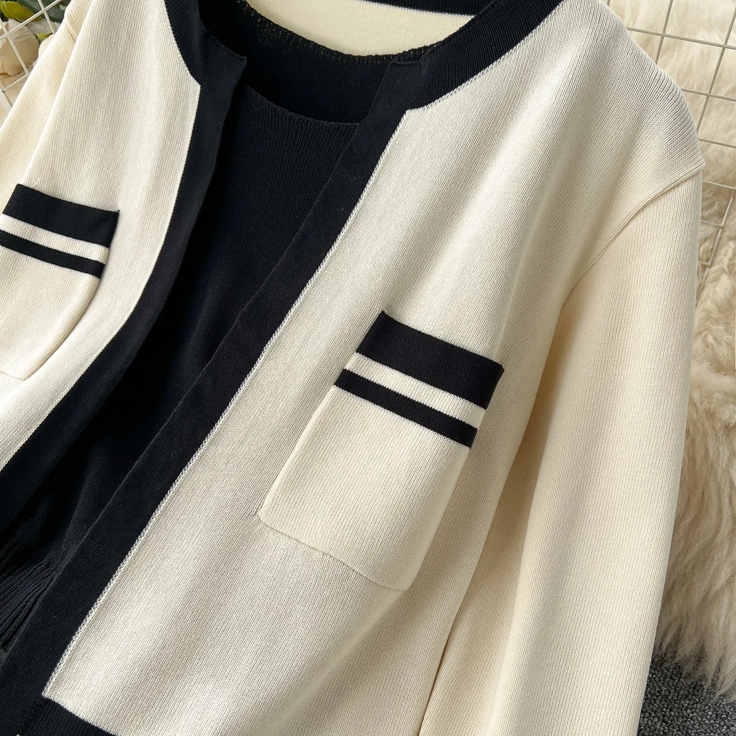 Cardigan&Slip Dress Color Blocking 2Pcs