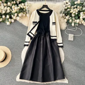 Cardigan&Slip Dress Color Blocking 2Pcs
