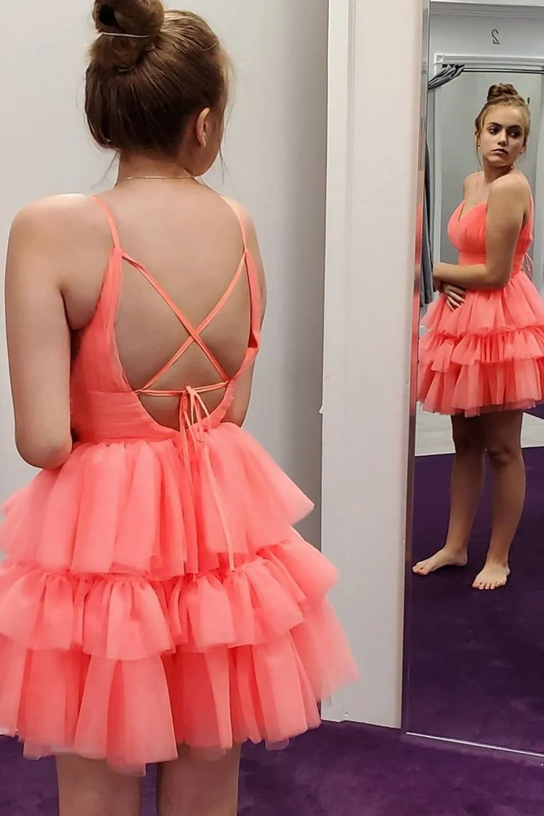 Charming Layered Coral Short Prom Dress V Neck Tulle Homecoming Dresses, GM494