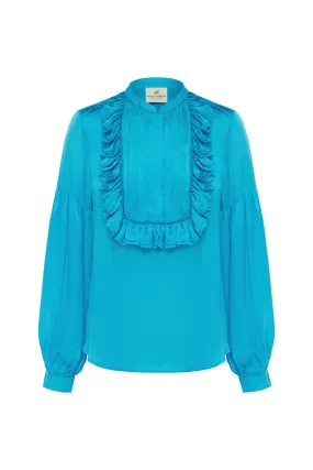 Coco Ribbon - Turquoise Silk Ruffle Blouse
