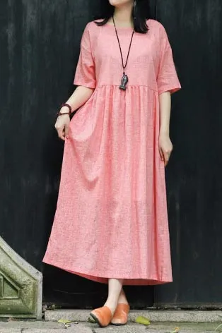 crew set head vintage linen long dress with loose waist CYM351