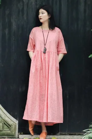 crew set head vintage linen long dress with loose waist CYM351