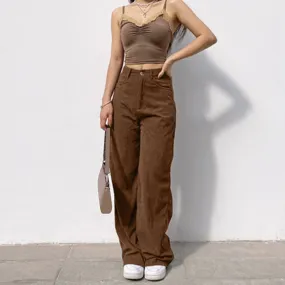 FashionSierra - Vintage Y2K Baggy Brown Jeans Women Streetwear Loose Pants Corduroy Mopping Drape Solid Color Wide-Leg Casual Trousers