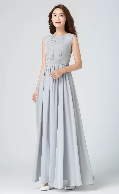 gray chiffon dress, sleeveless dress, pleated dress, fit and flare dress, summer dress 1914#