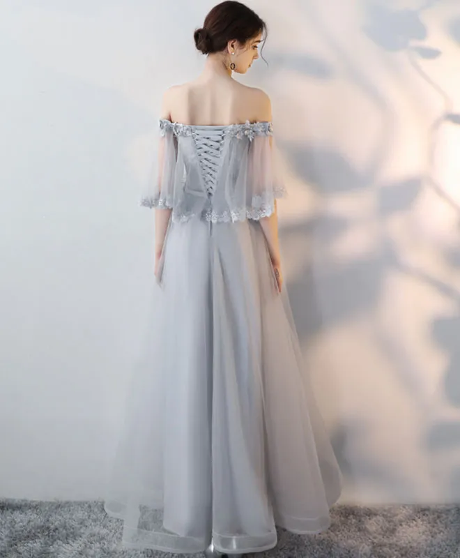Gray Tulle Lace Long Prom Dress, Lace Evening Dress