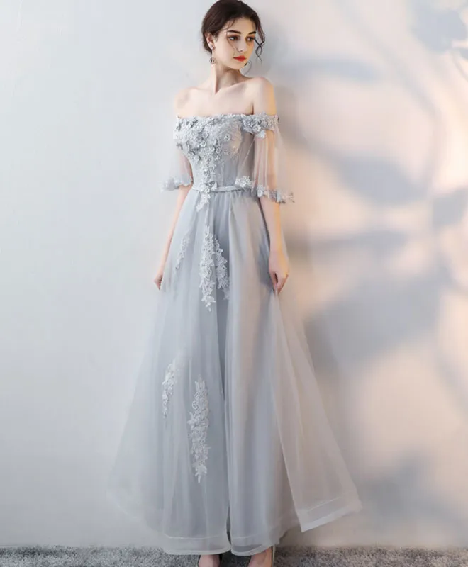 Gray Tulle Lace Long Prom Dress, Lace Evening Dress