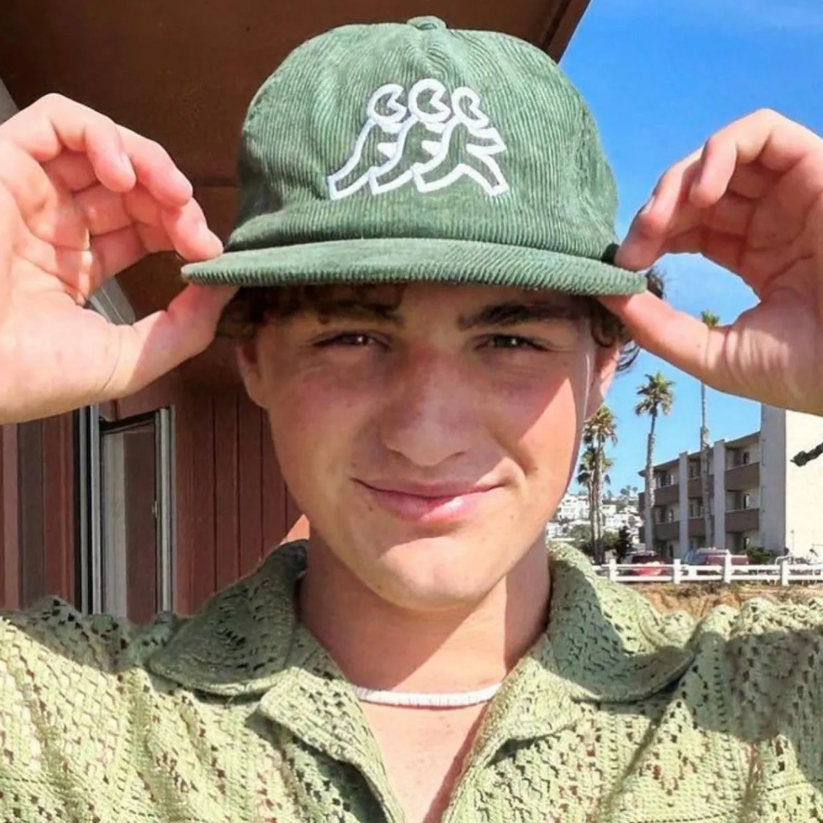 Green Corduroy Flat Brim Snapback White Logo Embroidery