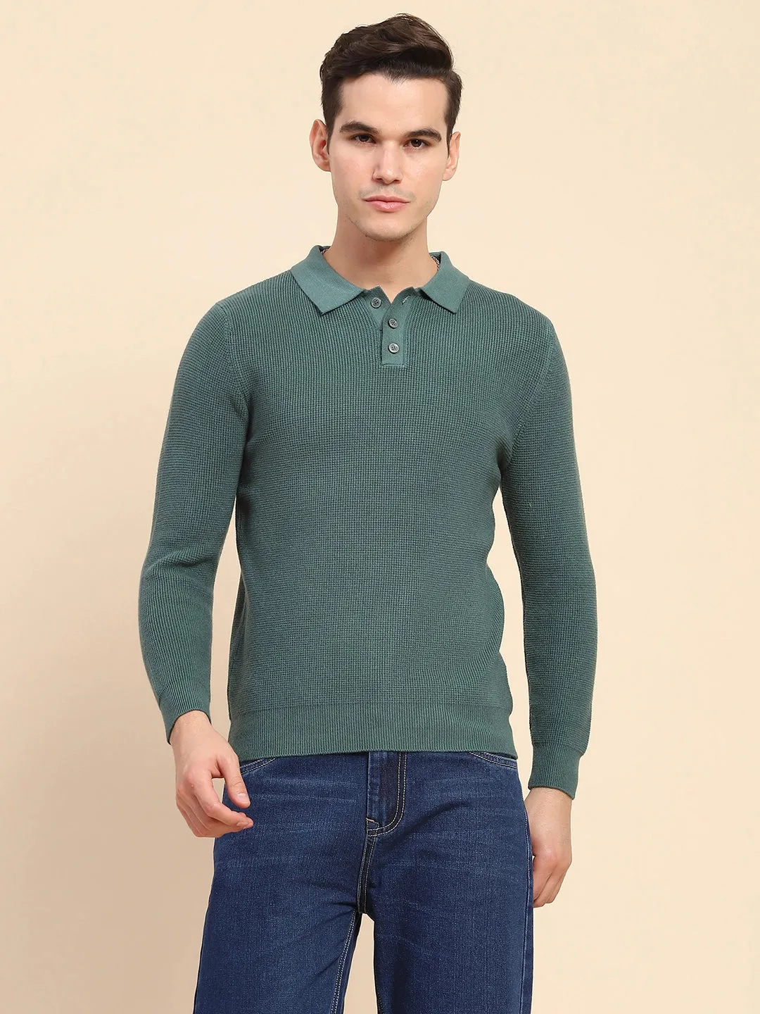 Green Poly Blend Knit Winter Wear Pullover