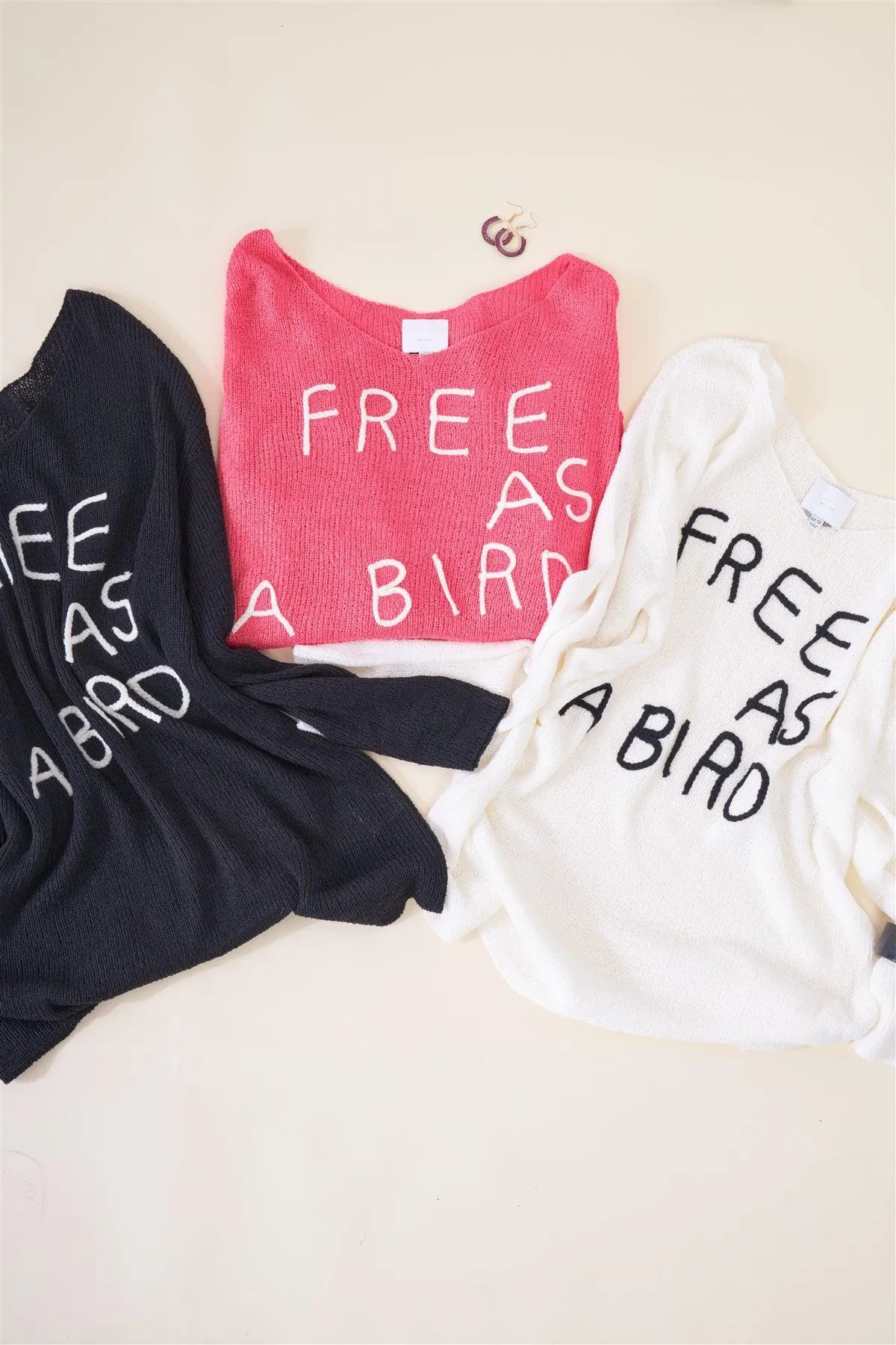 Junior Plus Ivory "Free As A Bird" Logo Knit Sweater /4-2