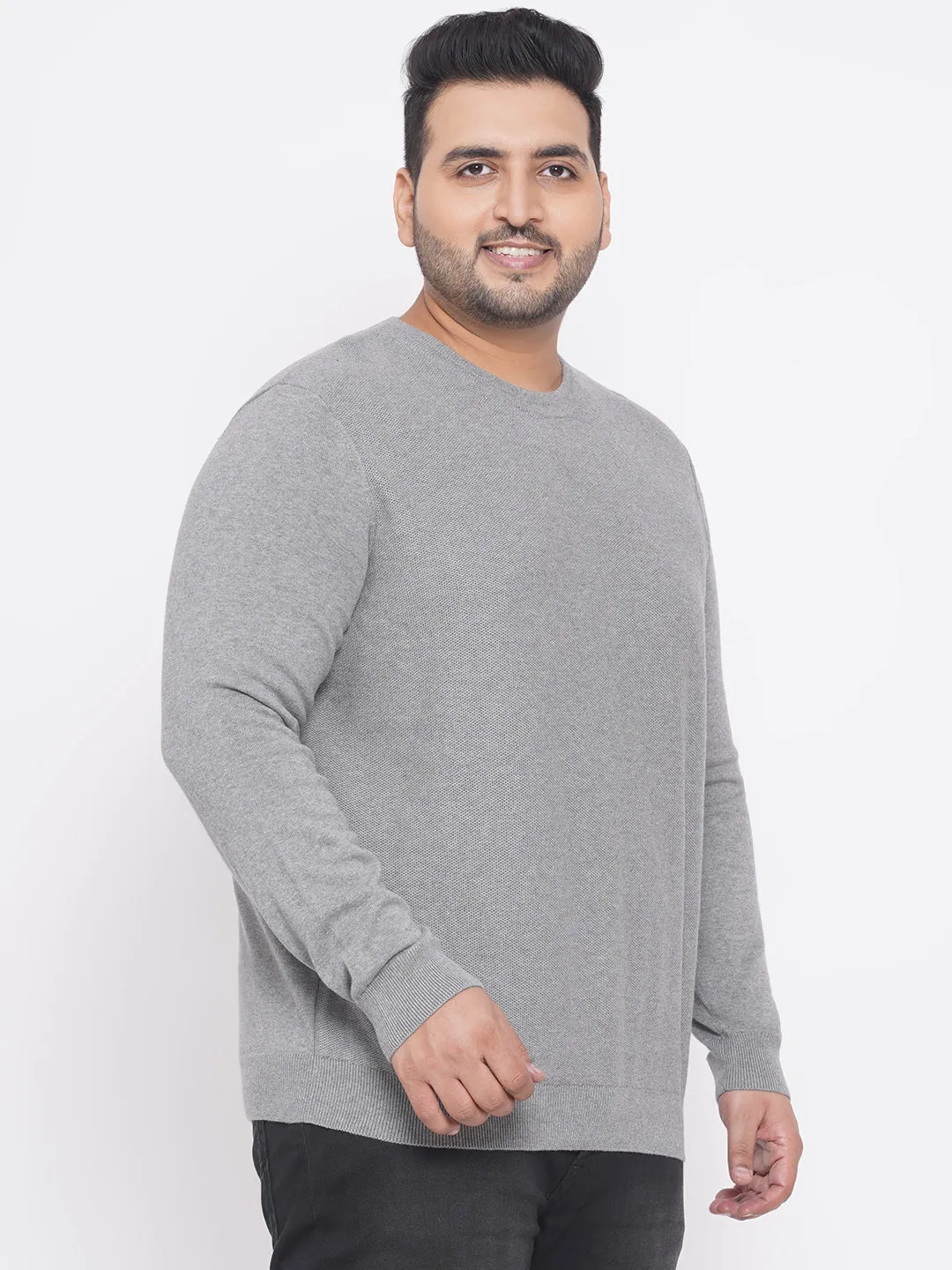 Kiabi - Plus Size Men's Regular Fit Grey Solid Cotton Knitted Long Sleeves Round Neck  Sweater