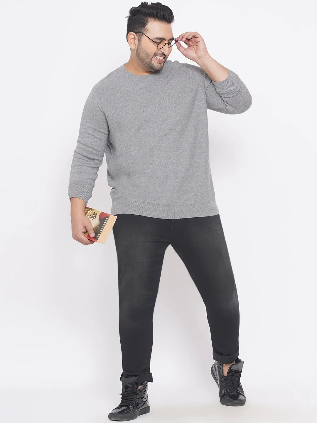 Kiabi - Plus Size Men's Regular Fit Grey Solid Cotton Knitted Long Sleeves Round Neck  Sweater