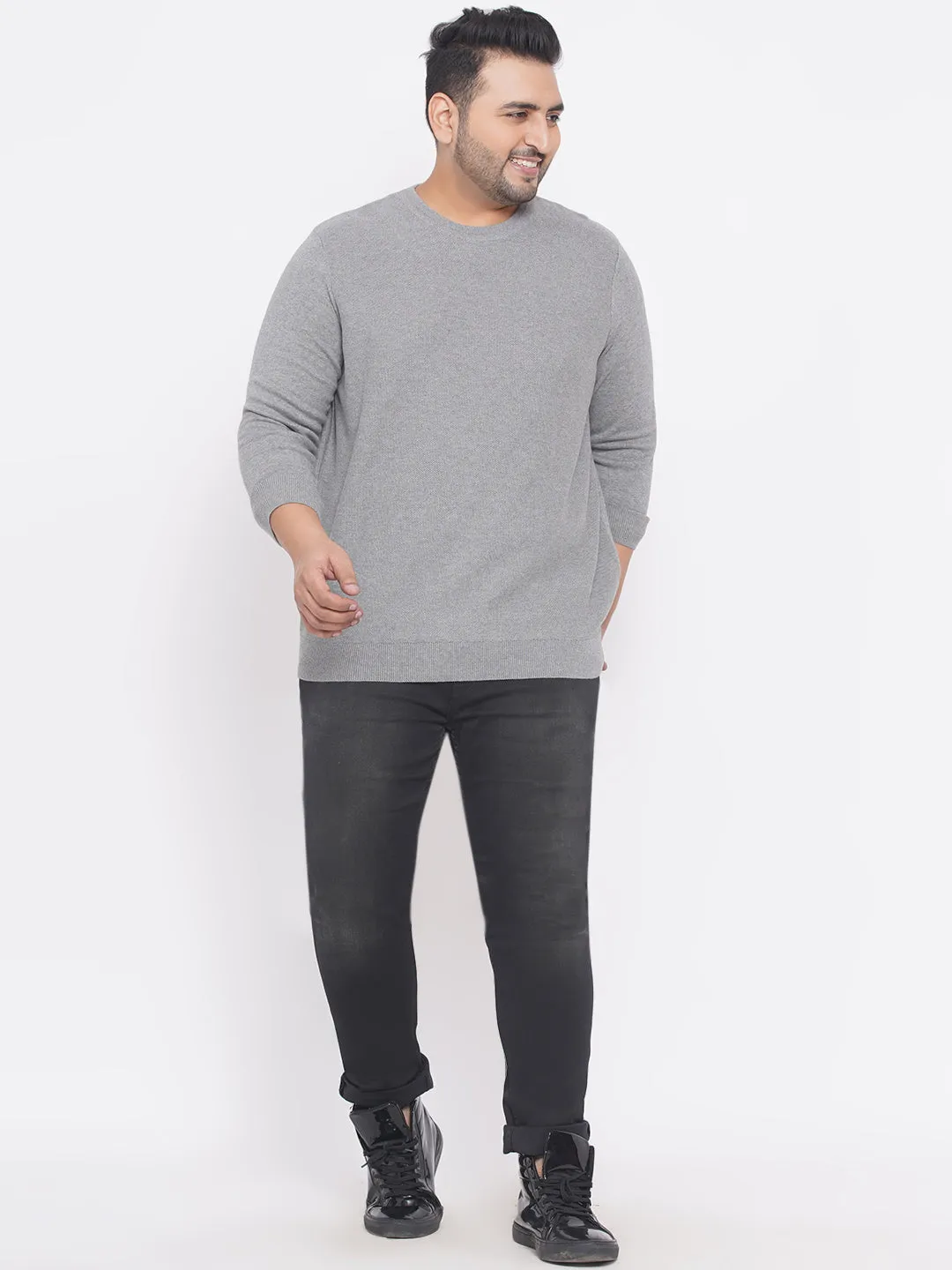Kiabi - Plus Size Men's Regular Fit Grey Solid Cotton Knitted Long Sleeves Round Neck  Sweater