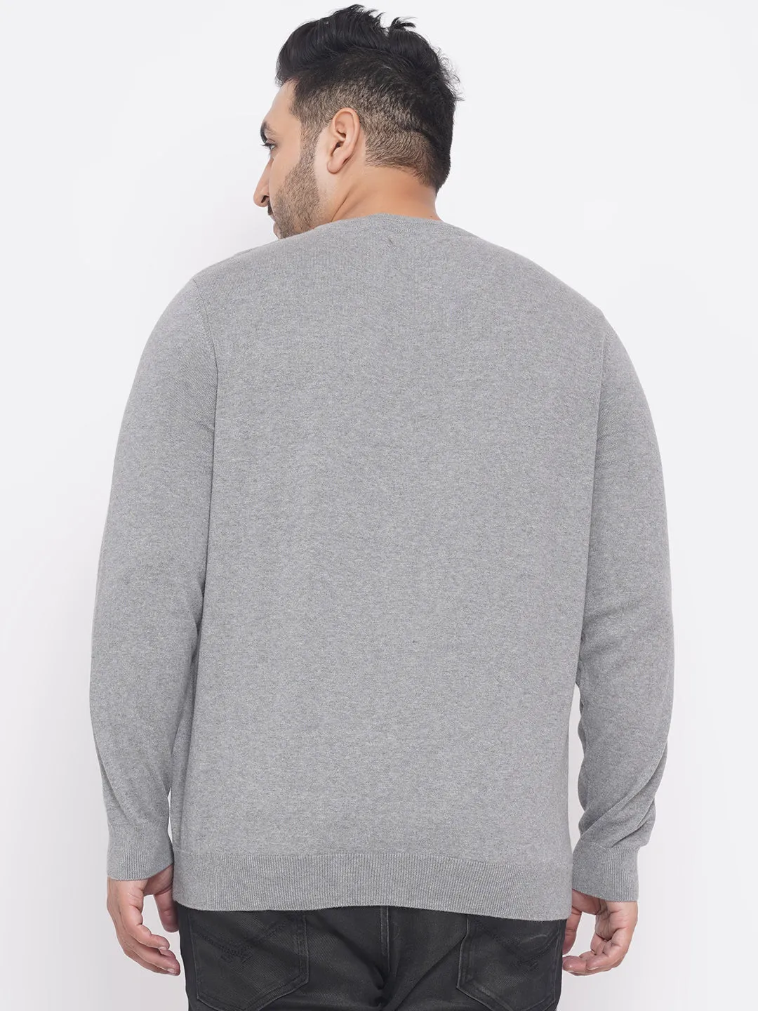Kiabi - Plus Size Men's Regular Fit Grey Solid Cotton Knitted Long Sleeves Round Neck  Sweater