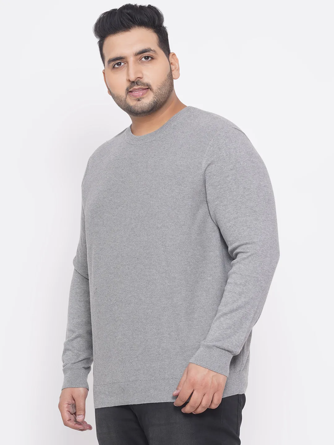 Kiabi - Plus Size Men's Regular Fit Grey Solid Cotton Knitted Long Sleeves Round Neck  Sweater