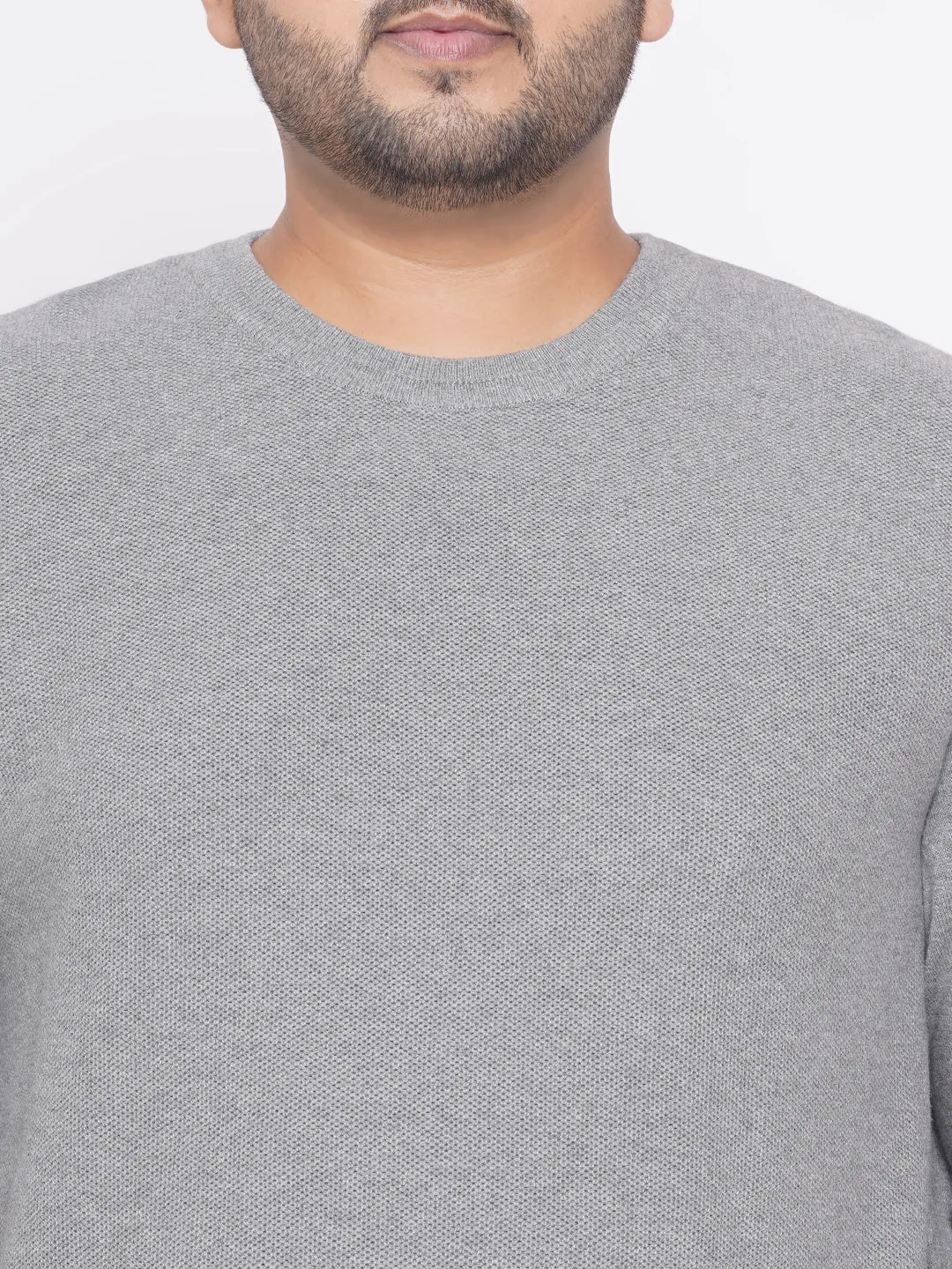Kiabi - Plus Size Men's Regular Fit Grey Solid Cotton Knitted Long Sleeves Round Neck  Sweater