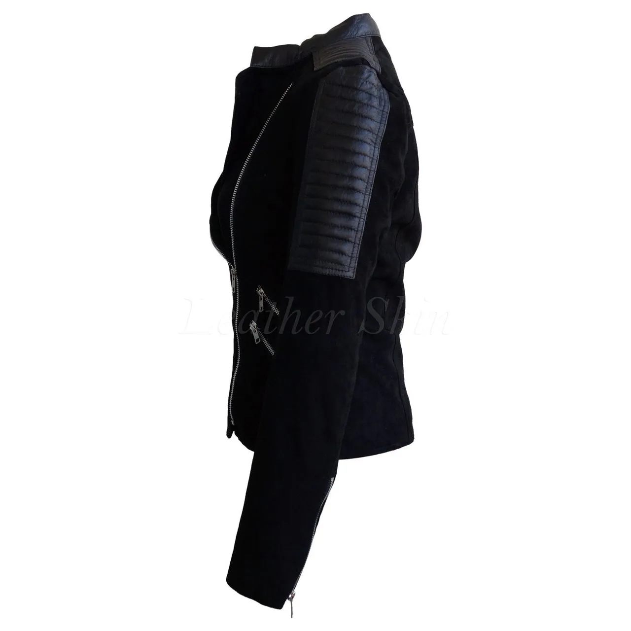 Leather Skin Women Black Brando Suede Sleeve Shoulder Padded Leather Jacket