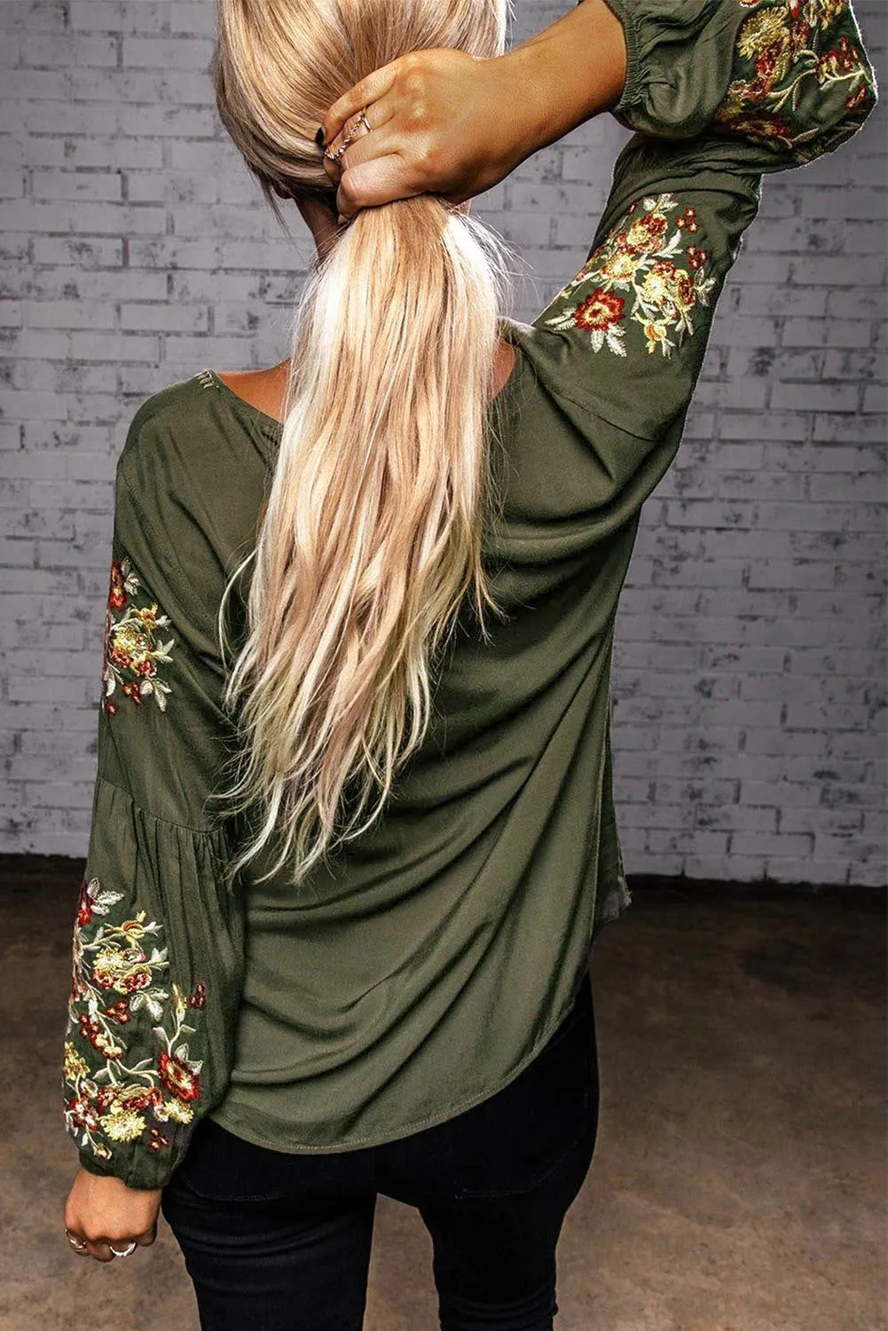 Long Sleeve Crew Neck Floral Embroidered Tops for Women