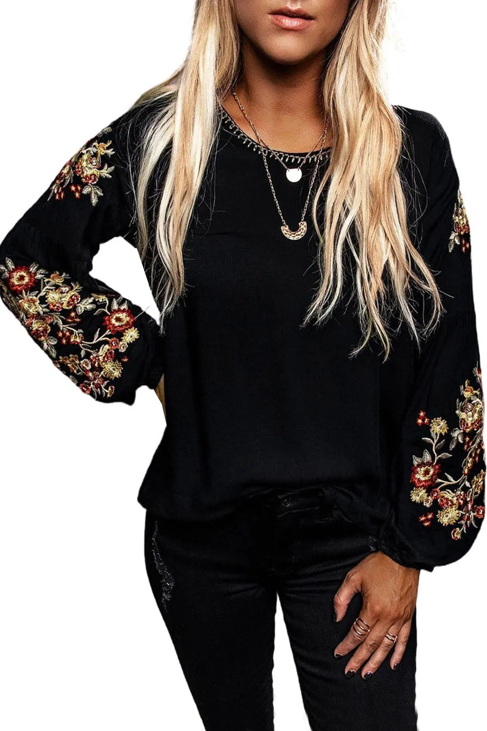 Long Sleeve Crew Neck Floral Embroidered Tops for Women
