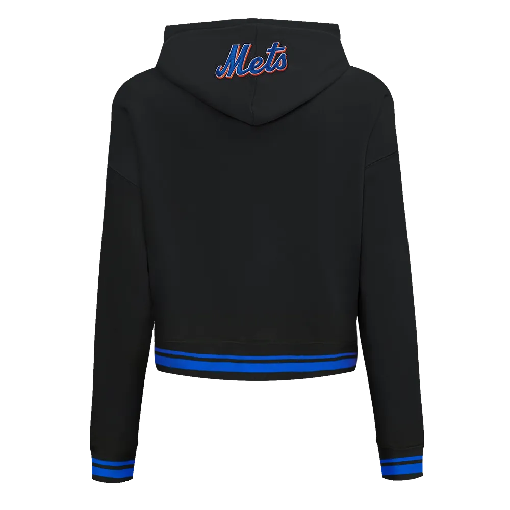 MLB NEW YORK METS SCRIPT TAIL WOMEN'S RIB FLC CROPPED PO HOODIE (BLACK/ROYAL BLUE/BLACK)