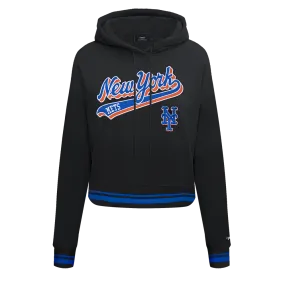 MLB NEW YORK METS SCRIPT TAIL WOMEN'S RIB FLC CROPPED PO HOODIE (BLACK/ROYAL BLUE/BLACK)