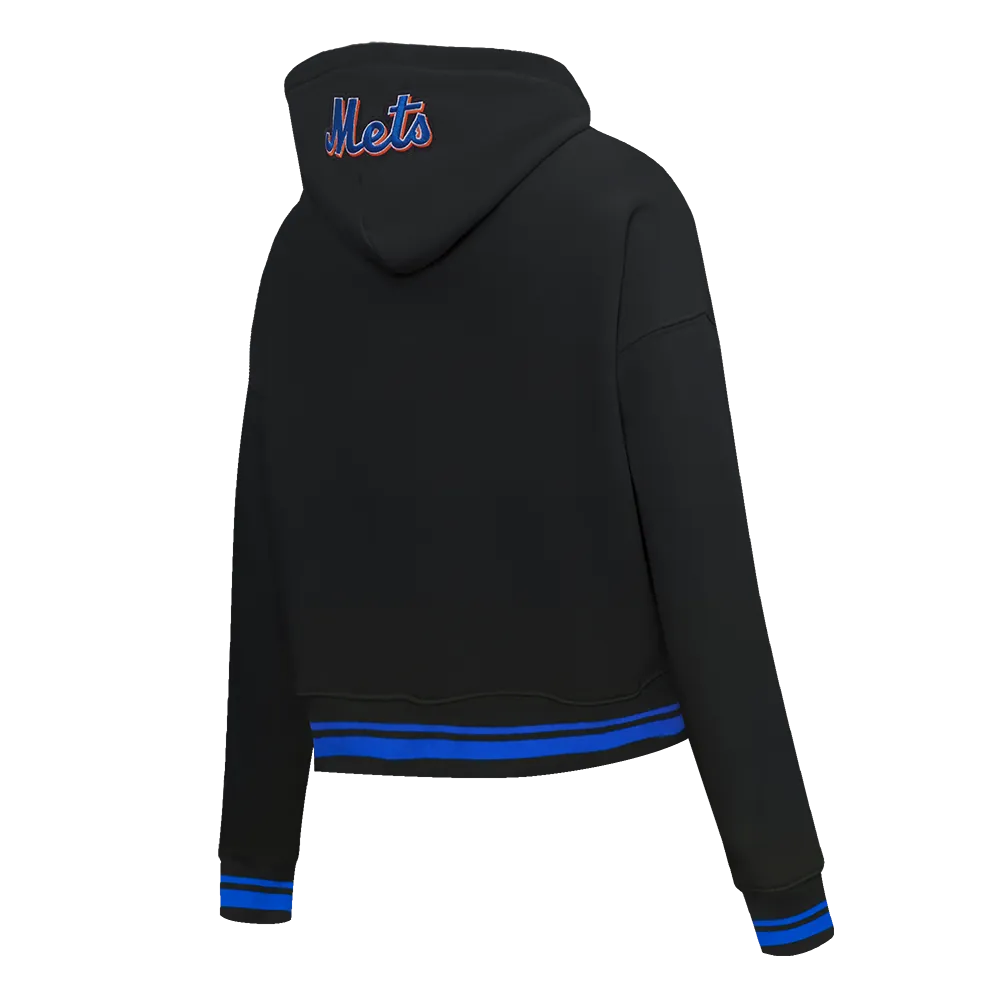 MLB NEW YORK METS SCRIPT TAIL WOMEN'S RIB FLC CROPPED PO HOODIE (BLACK/ROYAL BLUE/BLACK)