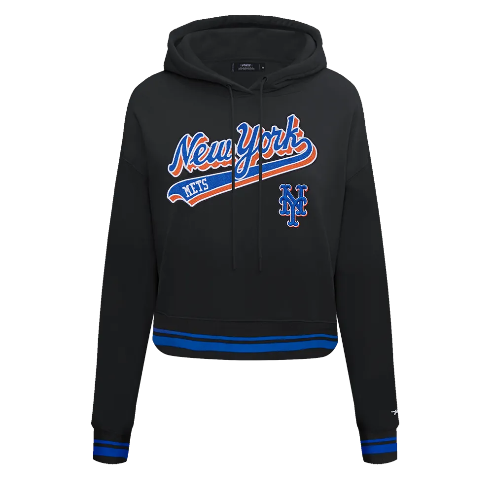 MLB NEW YORK METS SCRIPT TAIL WOMEN'S RIB FLC CROPPED PO HOODIE (BLACK/ROYAL BLUE/BLACK)