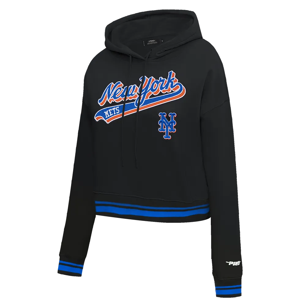 MLB NEW YORK METS SCRIPT TAIL WOMEN'S RIB FLC CROPPED PO HOODIE (BLACK/ROYAL BLUE/BLACK)