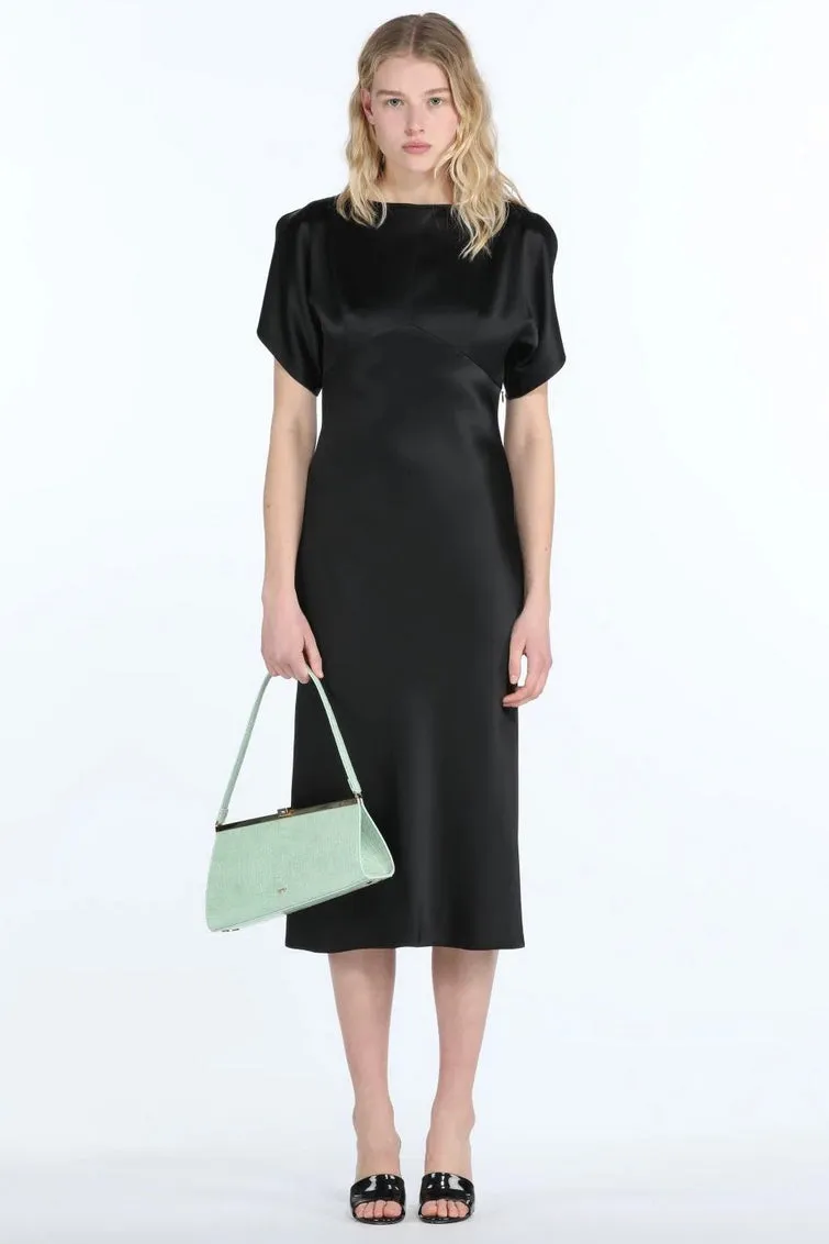 No.21 - Satin Short Sleeve Midi Dress: Black