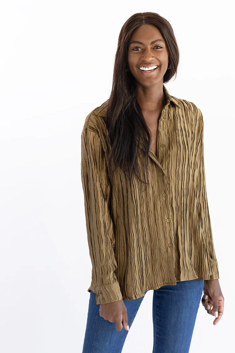 Olive Plisse Button Down Top