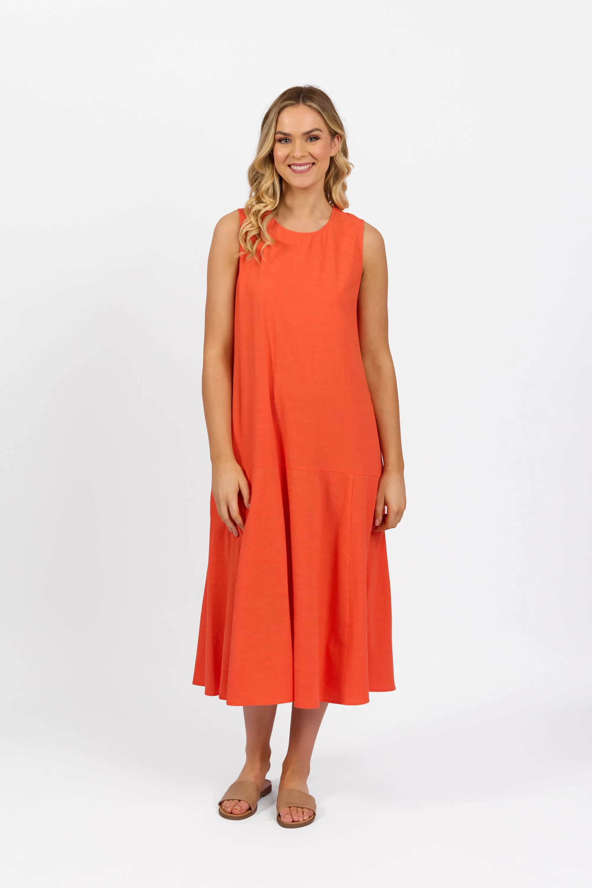 Plain Long Sleeveless Dress with Round Neck :Punch