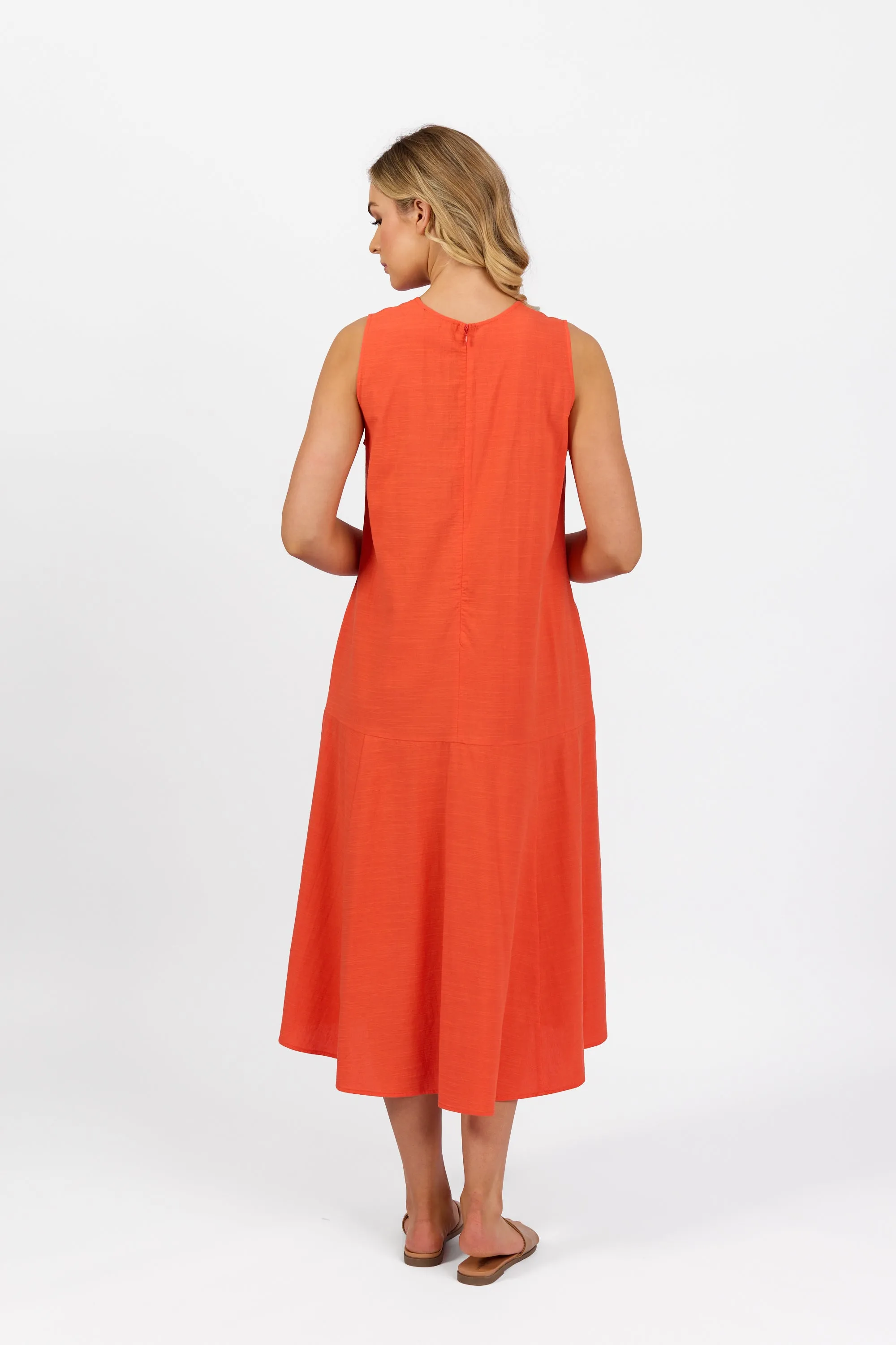Plain Long Sleeveless Dress with Round Neck :Punch