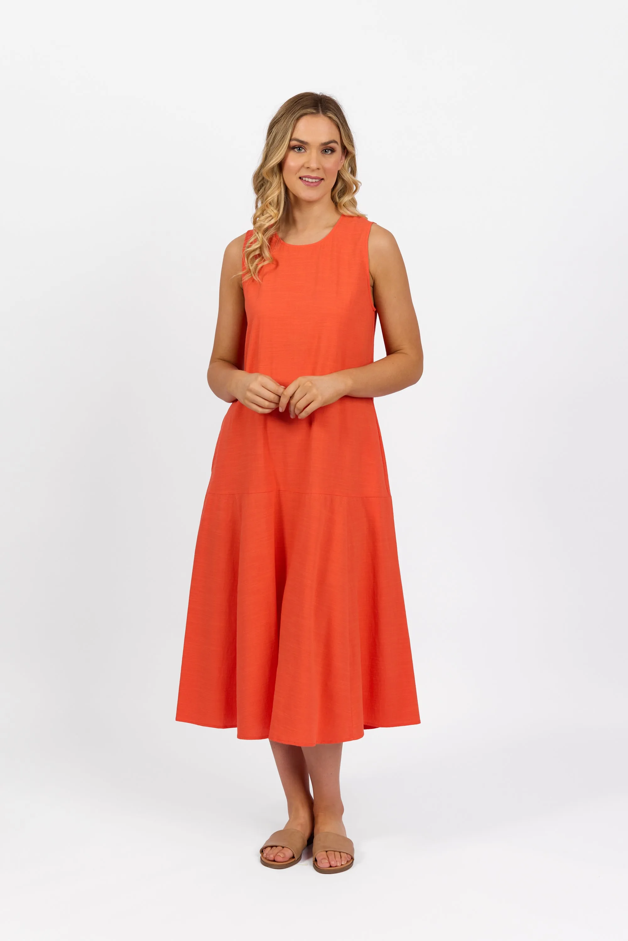 Plain Long Sleeveless Dress with Round Neck :Punch